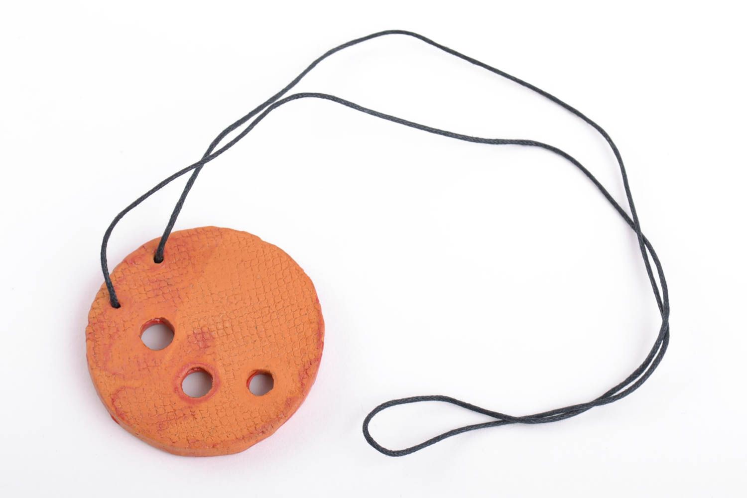Handmade clay pendant round orange accessory with ornament on long cord photo 4