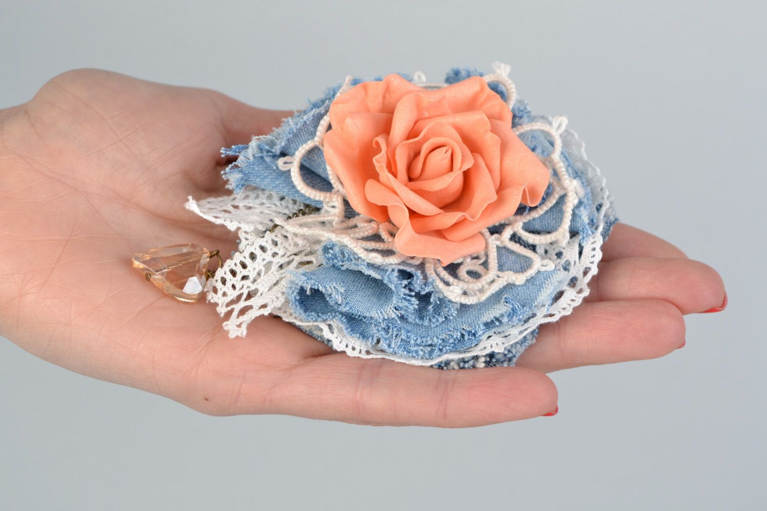 Handmade hair clip brooch with volume coral foamiran and blue cotton fabric flower photo 2