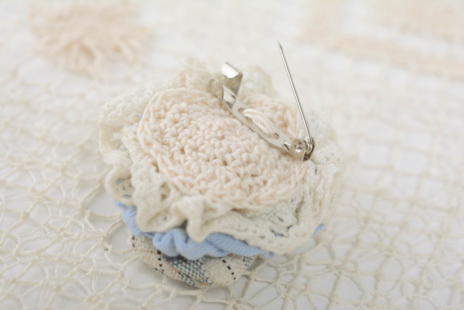 Handmade designer tender blue and beige woolen crochet brooch with beads  photo 2
