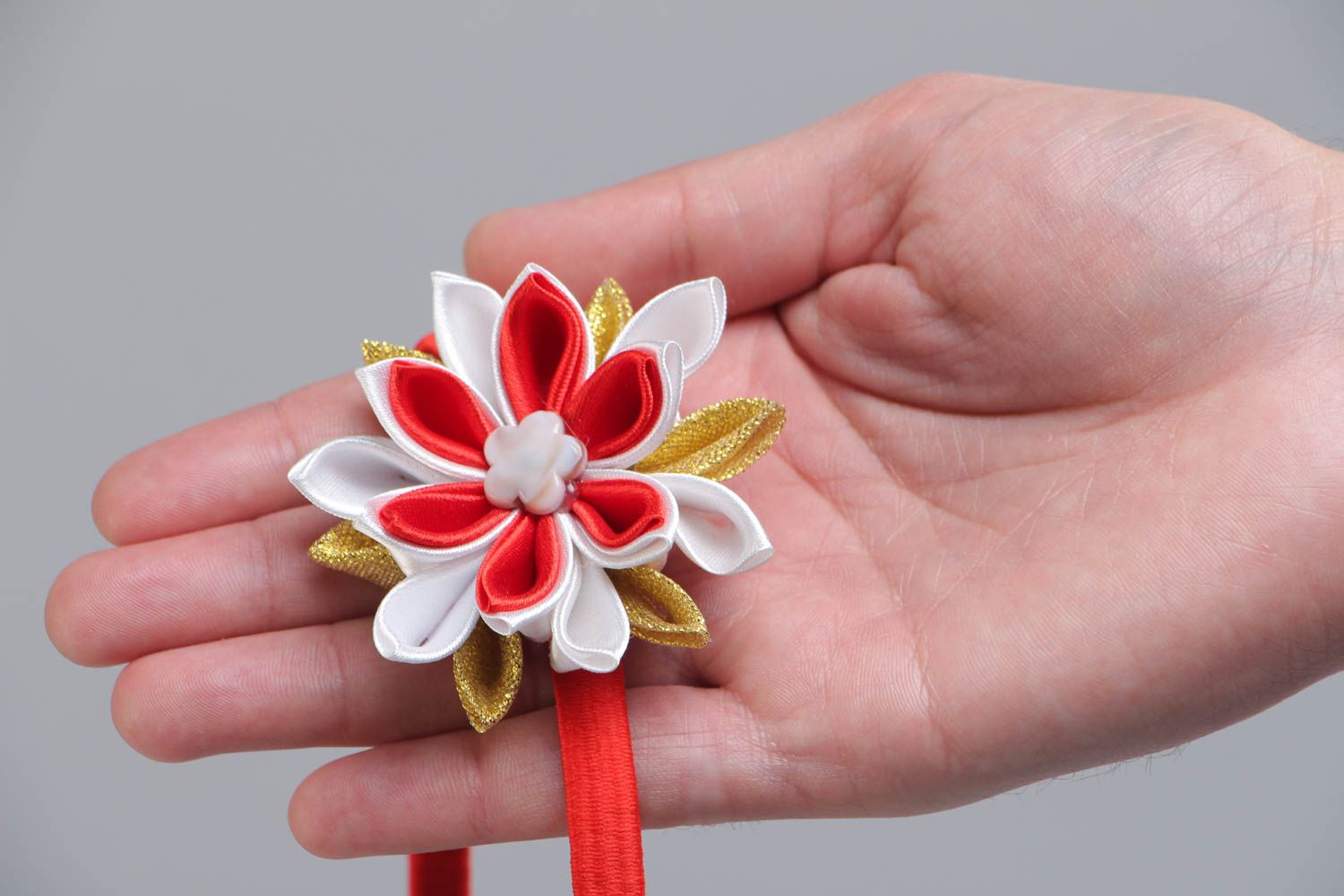 Handmade designer headband will thin basis and volume red ribbon kanzashi flower photo 5