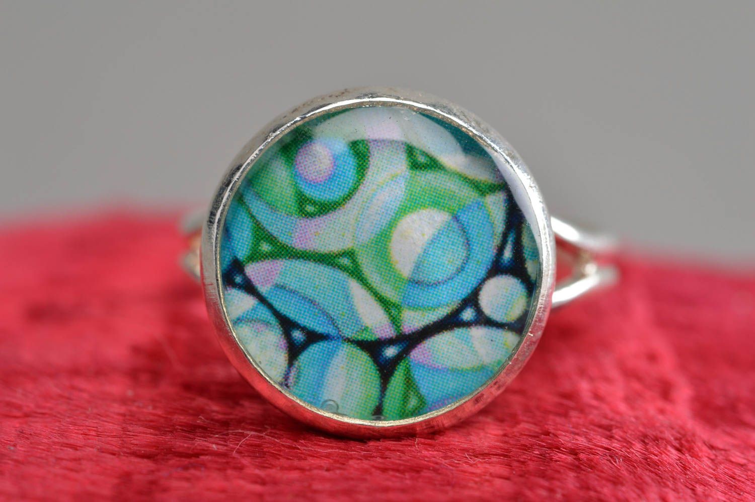 Handmade ring covered with epoxy with decoupage decor beautiful designer jewelry photo 2