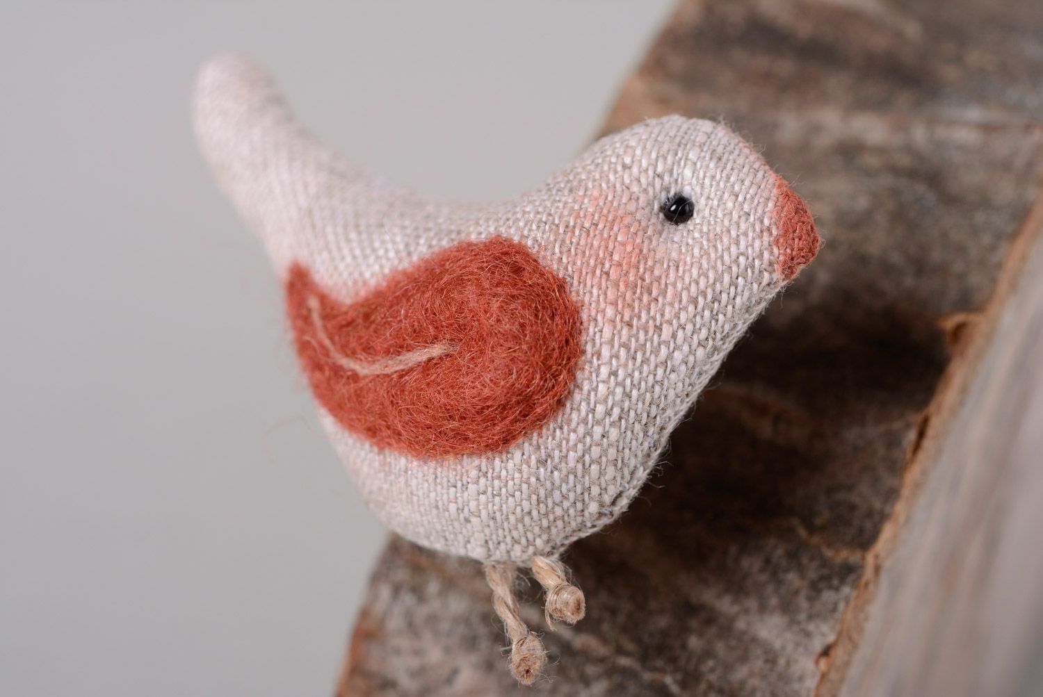 Handmade designer linen fabric brooch in the shape of bird with red wing photo 1