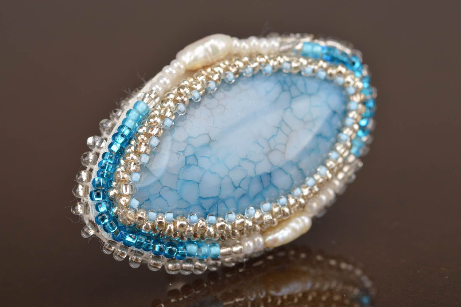 Handmade designer massive jewelry ring embroidered with beads with blue agate photo 5