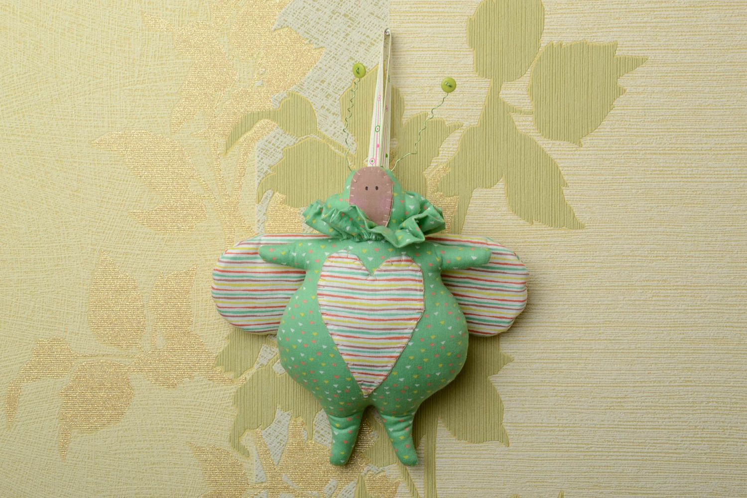 Handmade small satin fabric soft toy funny green beetle with striped wings photo 1