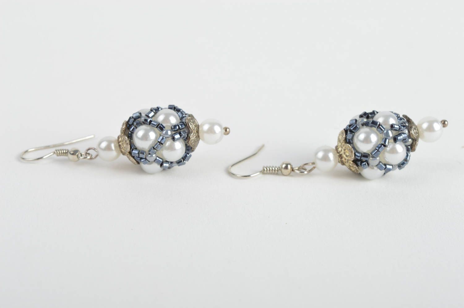 Handmade designer dangle earrings with faux pearls and blue beads photo 4