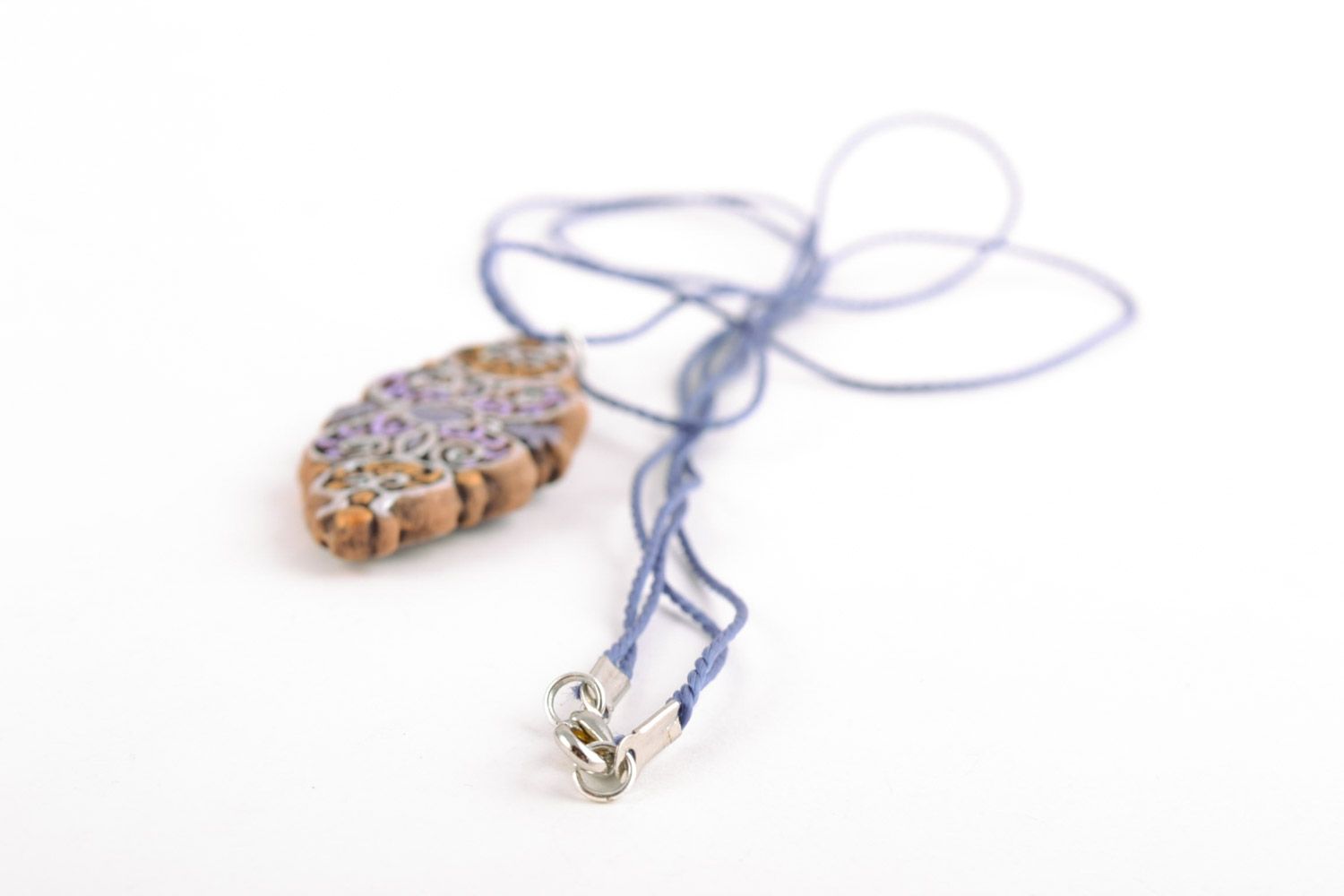 Beautiful colorful unusual perforated handmade clay neck pendant with cord photo 3