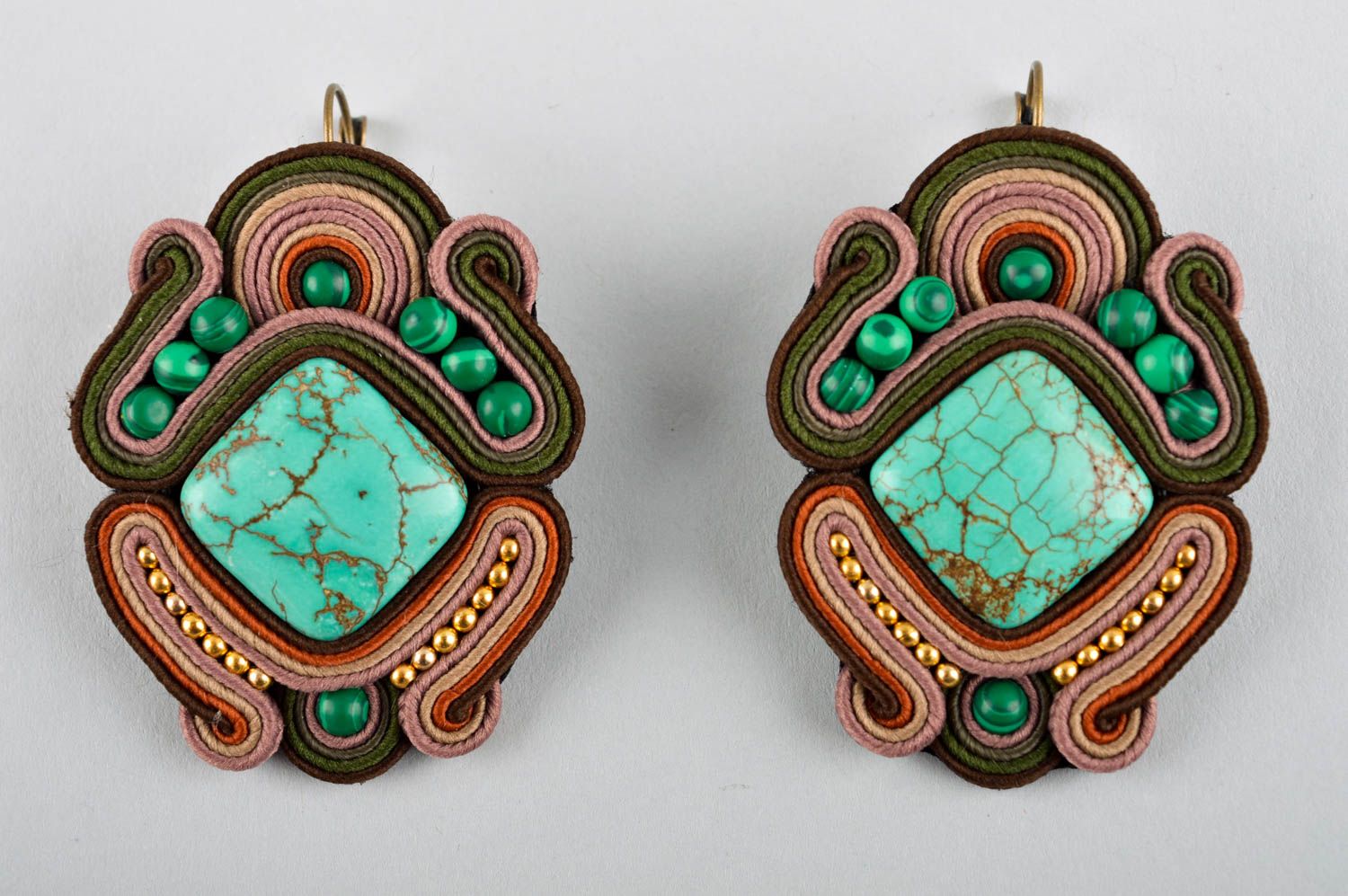 Set of soutache jewelry handmade earrings with natural stones designer pendant photo 4