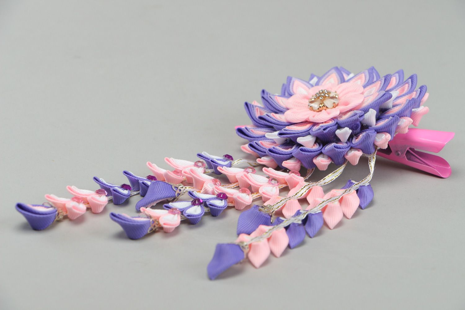 Handmade hair clip with kanzashi flower with charms in violet color palette photo 2