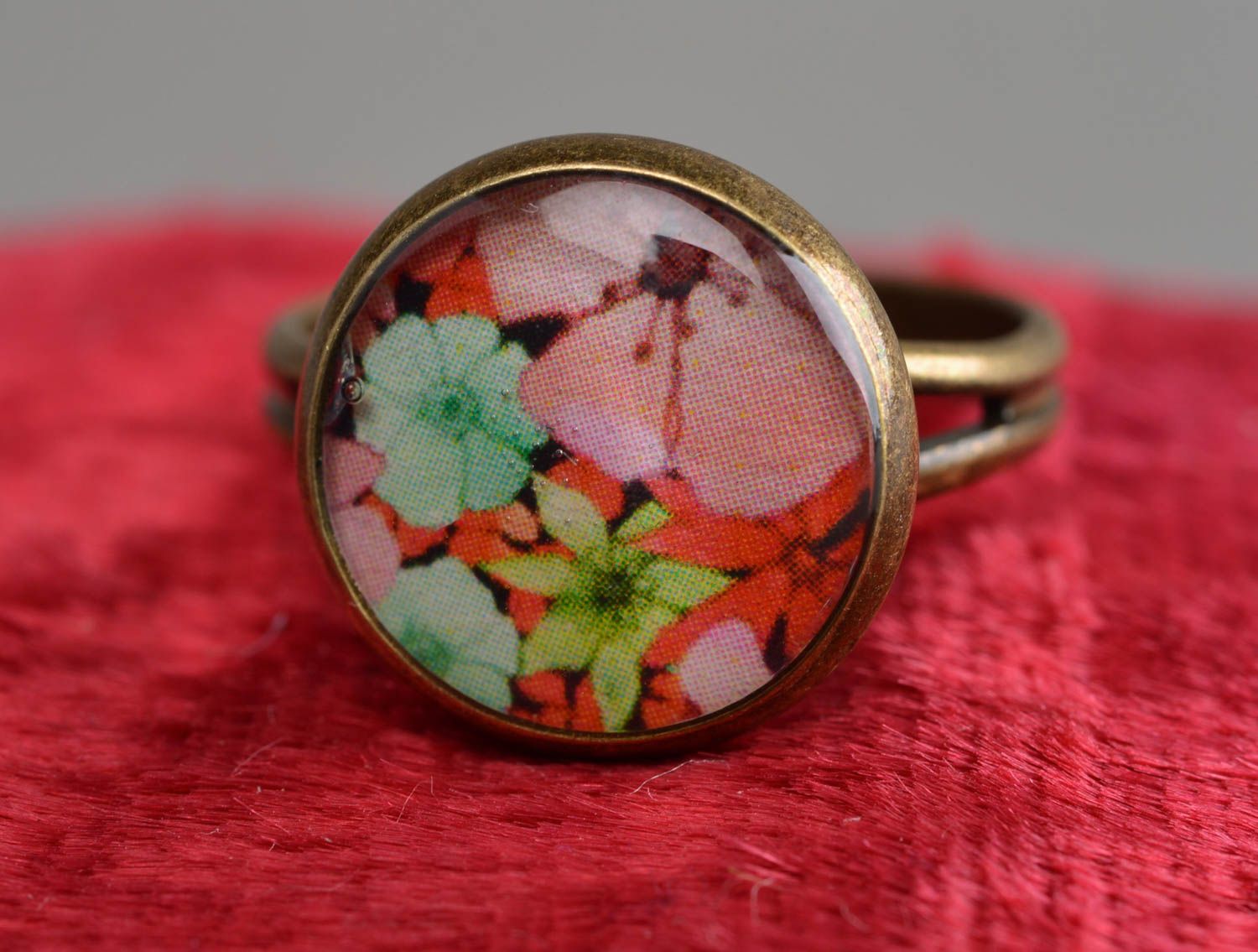Handmade trendy round ring with decoupage print stylish designer accessory photo 2