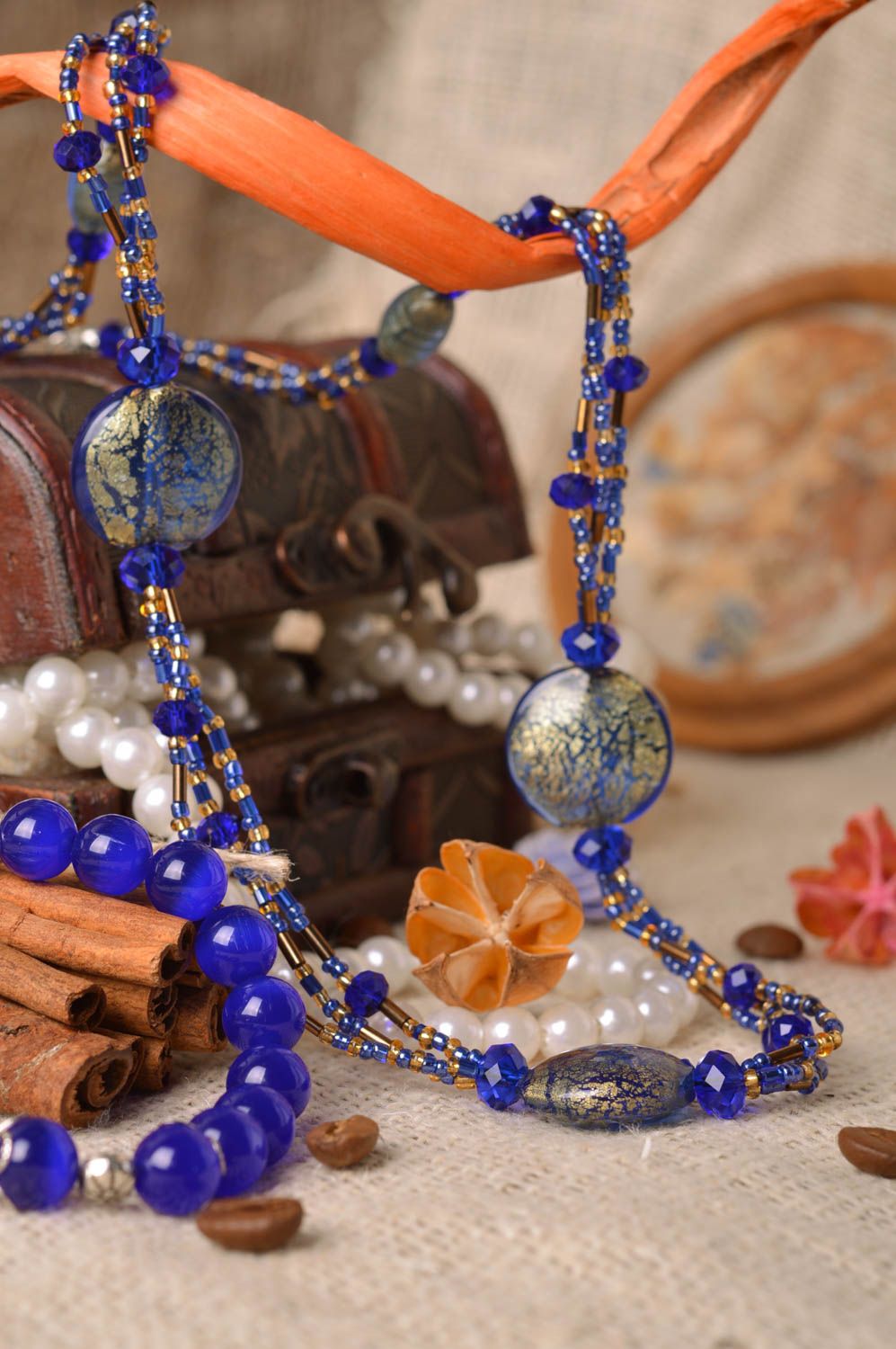 Handmade blue and golden beaded jewelry set wrist bracelet and long necklace photo 1