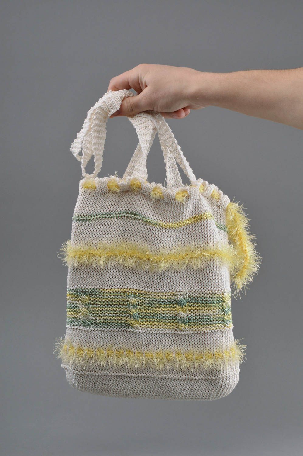 Knitted stylish shoulder bag white cotton roomy female handmade purse photo 4