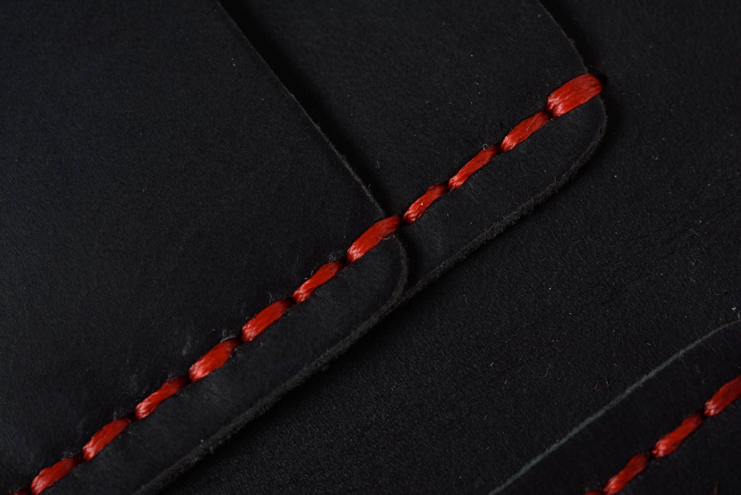 Handmade black genuine leather wallet with embossing stitched with red threads photo 4