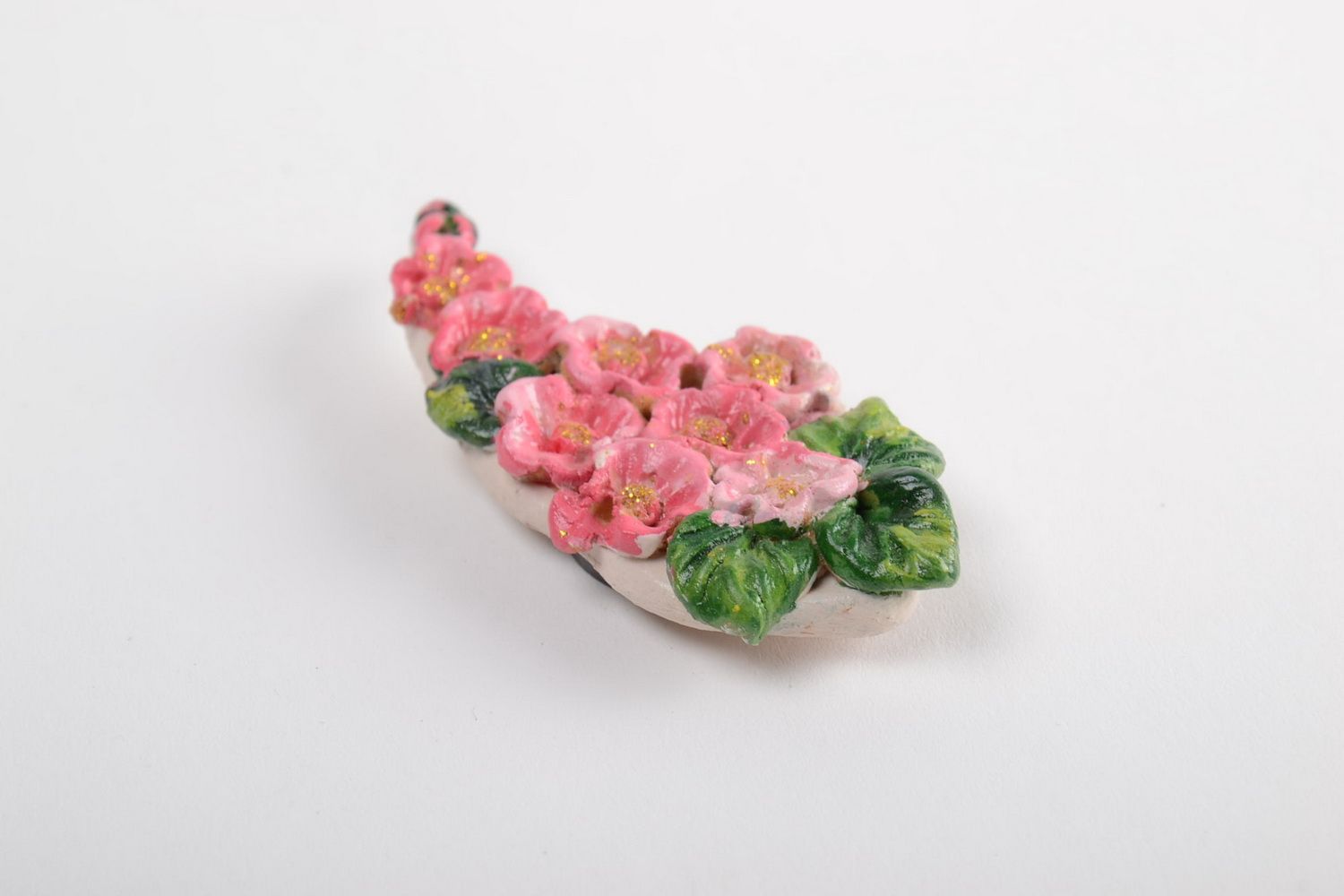 Aimant frigo artisanal rose avec fleurs de forme originale fait main peint photo 2