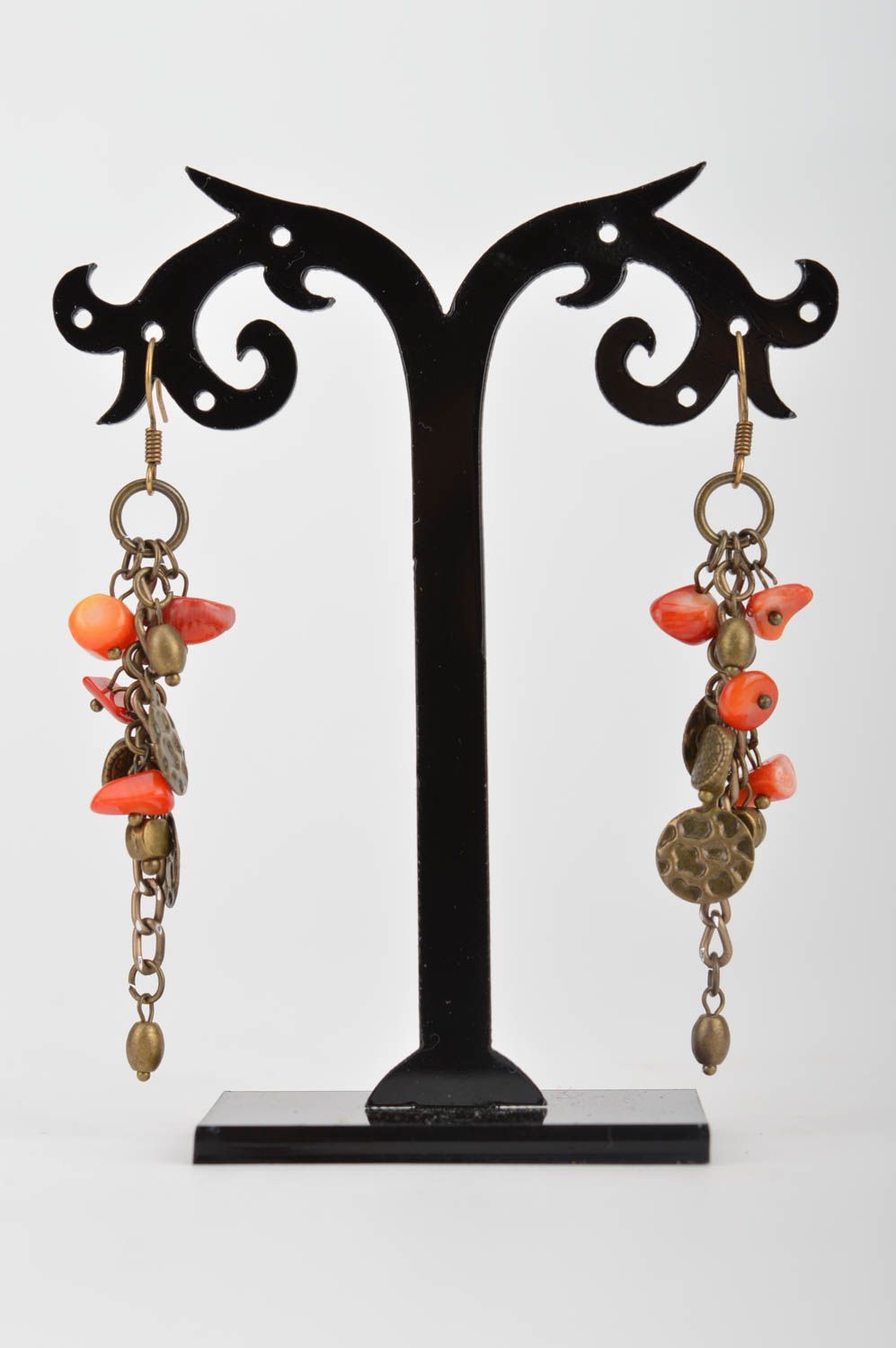 Handmade designer long dangle metal earrings with coins and coral like beads photo 5