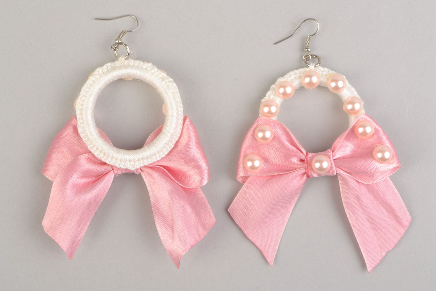 Braided earrings made of plastic rings and threads with pink ribbons present for girlfriend photo 3