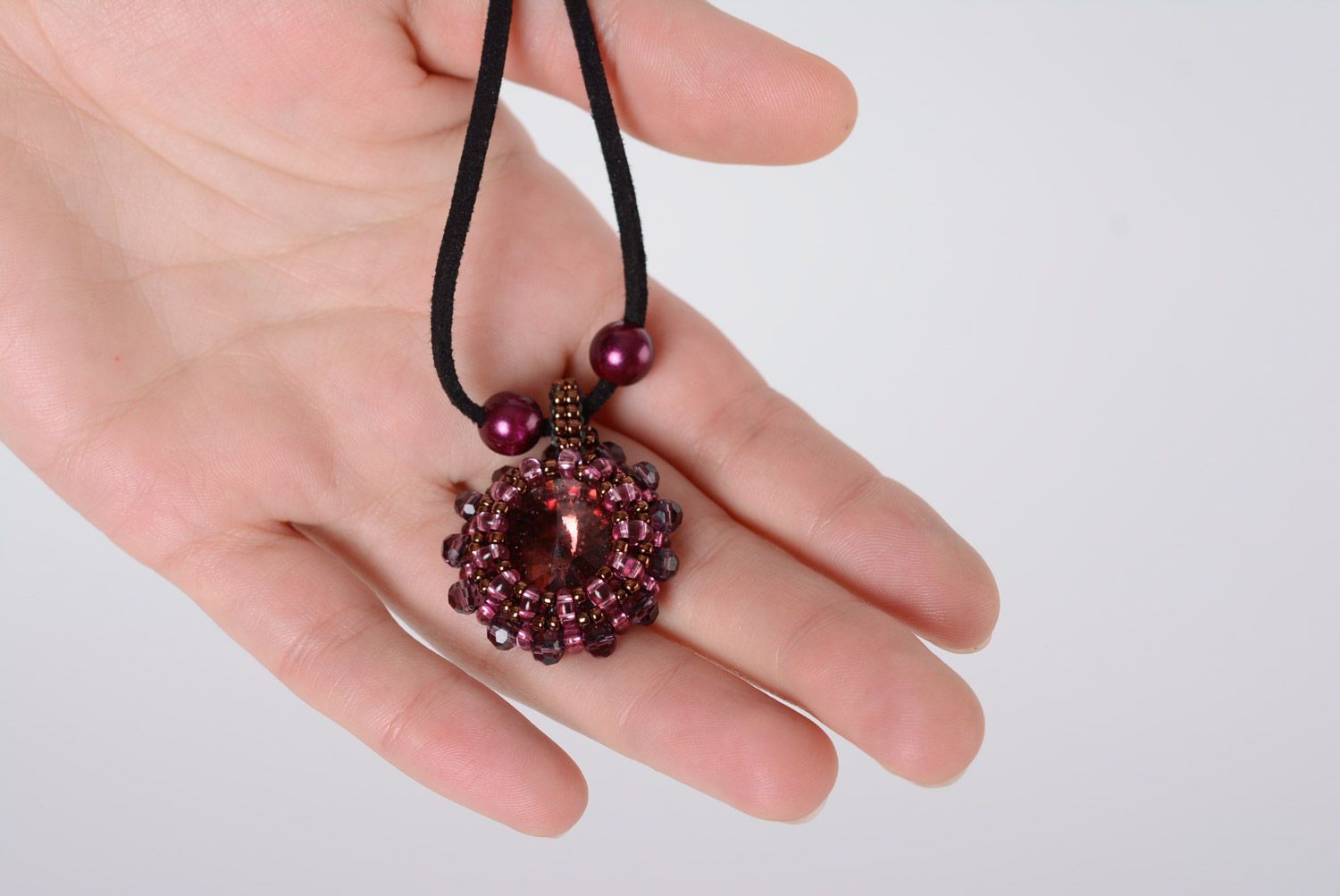 Beautiful elegant handmade woven Czech bead pendant with suede cord photo 3
