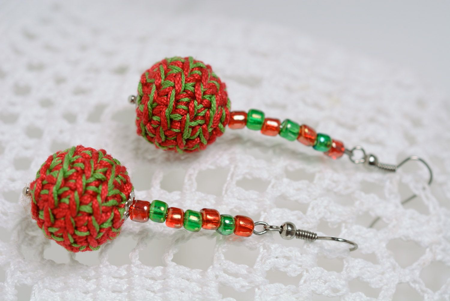 Colorful handmade dangle earrings with beads crocheted over with cotton threads photo 1