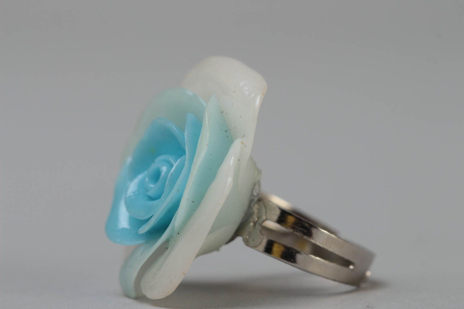 Handmade designer blue jewelry ring with metal basis and polymer clay flower photo 3