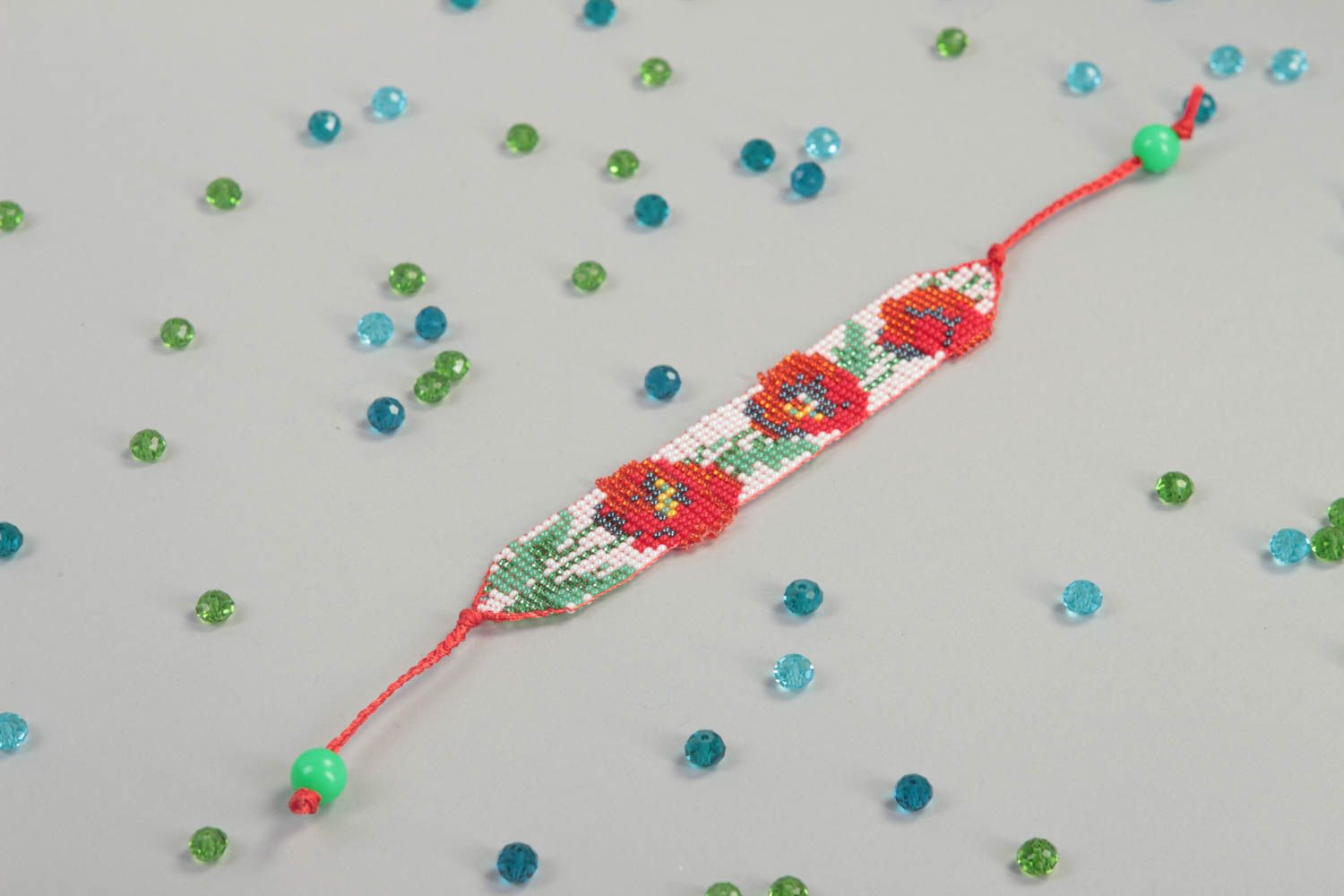 Handmade beaded floral poppies strand bracelet for teen girls photo 1