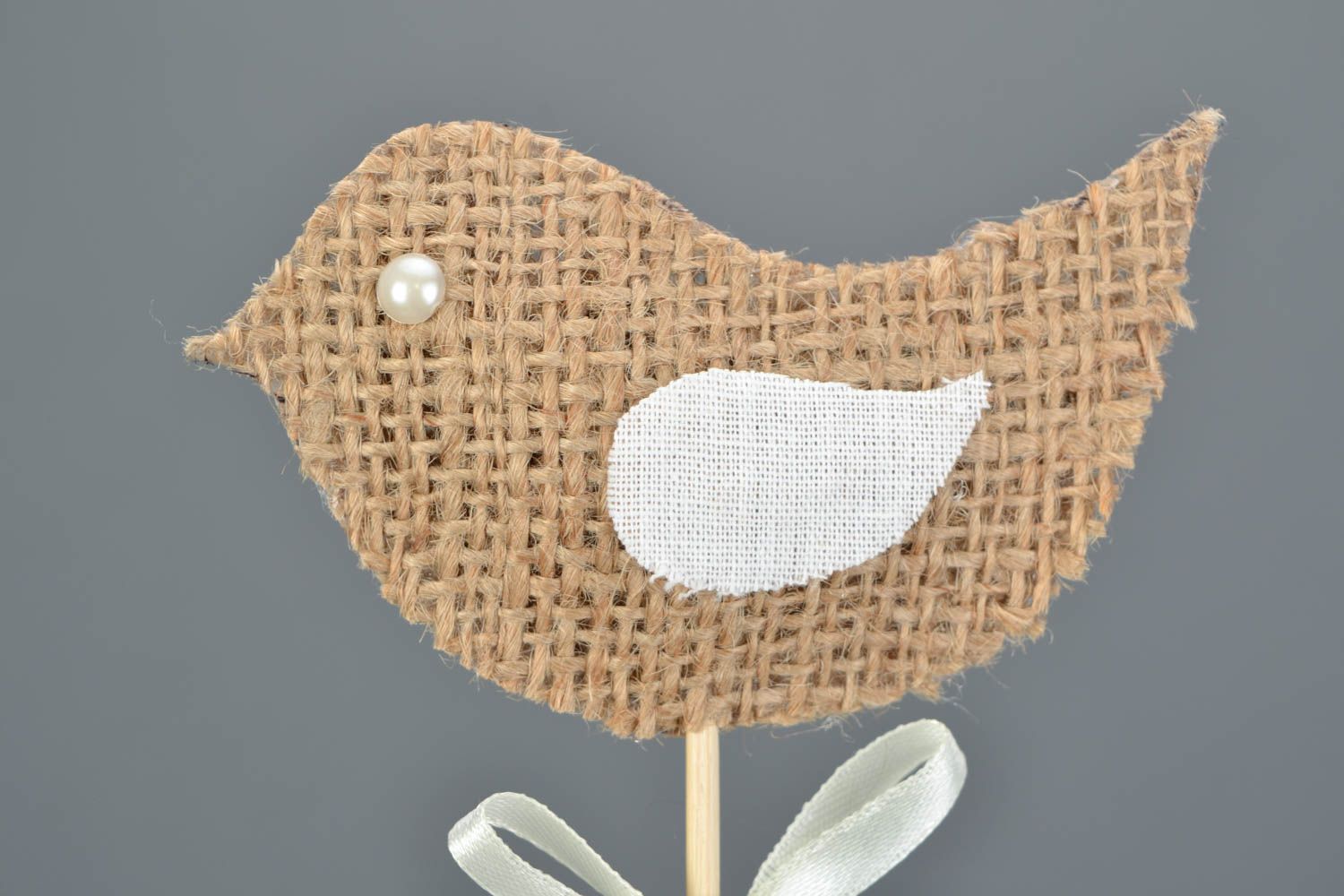 Handmade cute small fabric decoration beige bird on stick for flowerpot photo 3