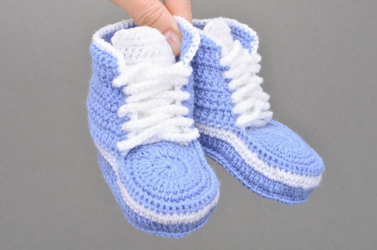 Handmade small crocheted blue baby sneakers with white shoelaces  photo 3