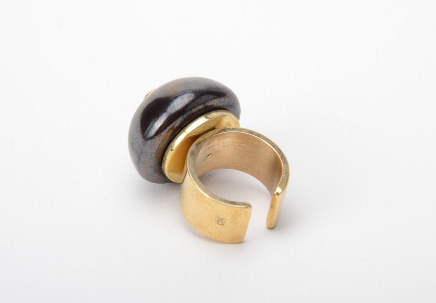 Handmade volume adjustable metal ring with black porcelain element for women photo 2