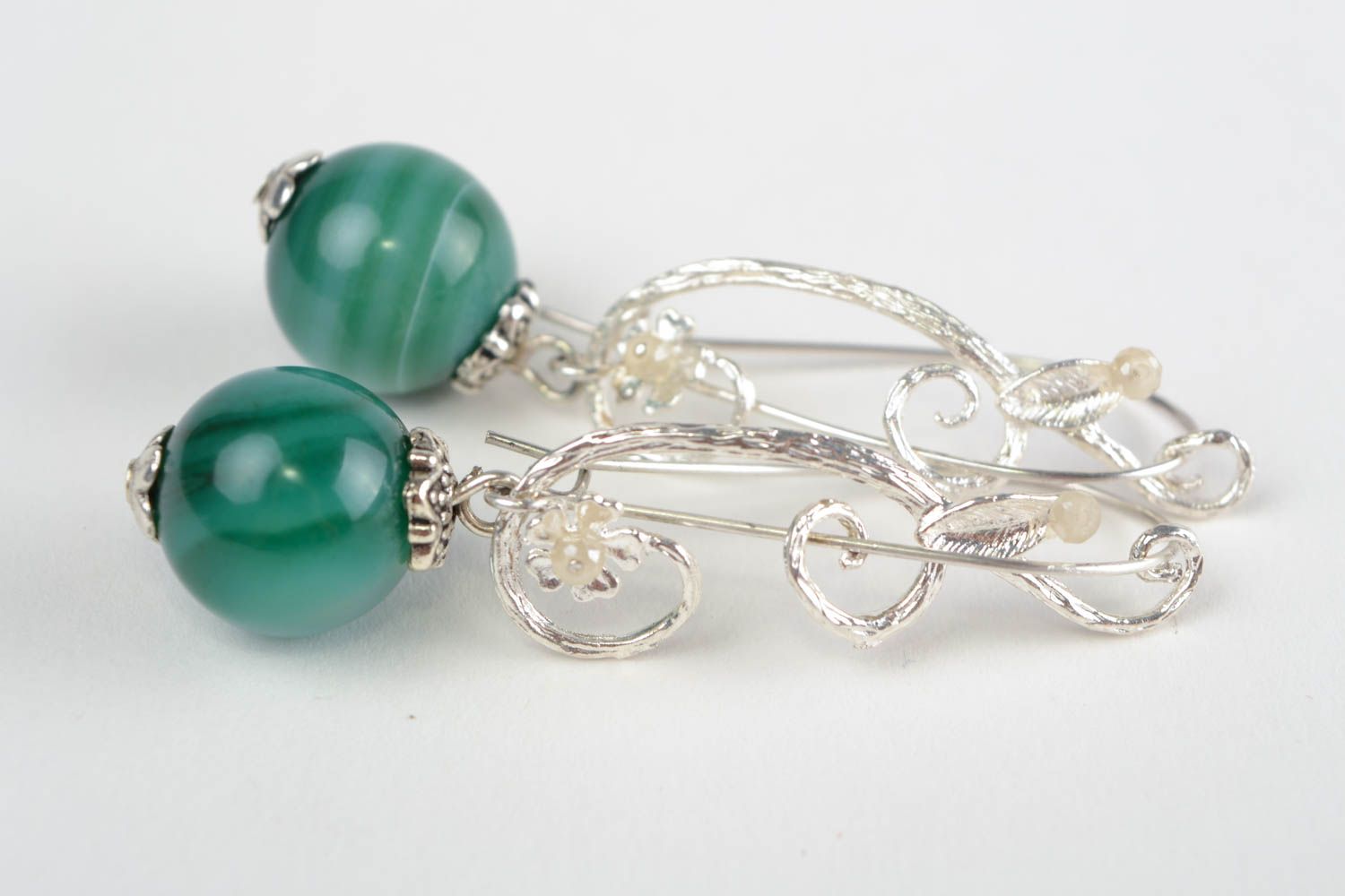 Beautiful green handmade designer gemstone earrings with agate long festive photo 2