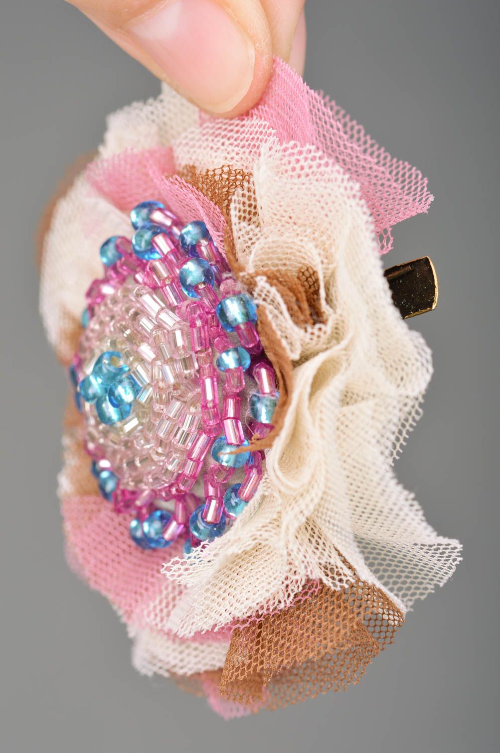 Handmade textile hairpin brooch made of tulle with beads in pastel shades photo 3
