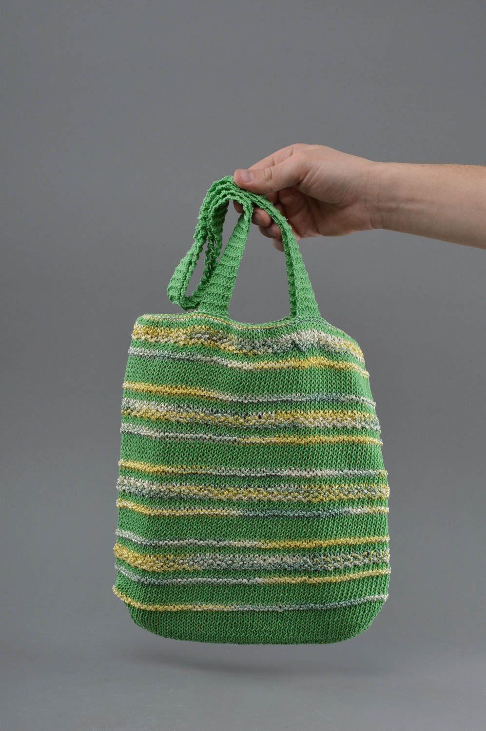 Beautiful handmade women's green crochet shoulder bag with long handles photo 4