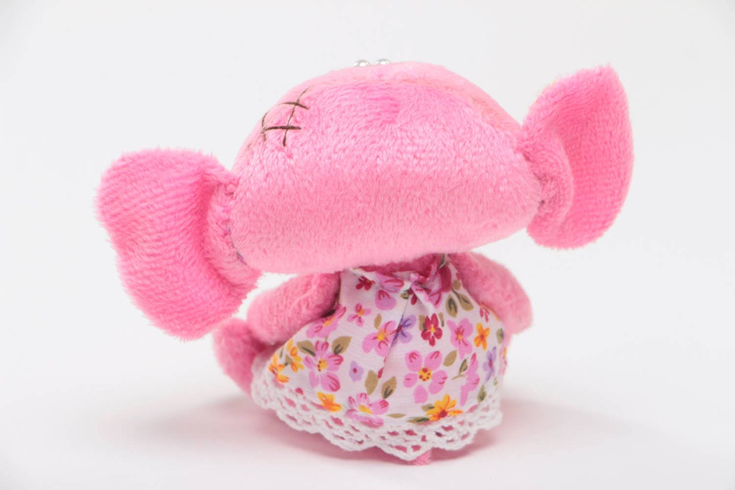 Handmade small vintage soft toy sewn of plush pink elephant with floral ears photo 4