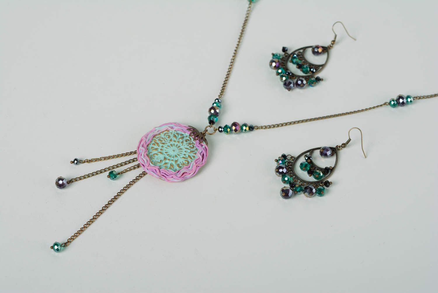Set of handmade jewelry made of crystal and polymer clay earrings and pendant photo 1