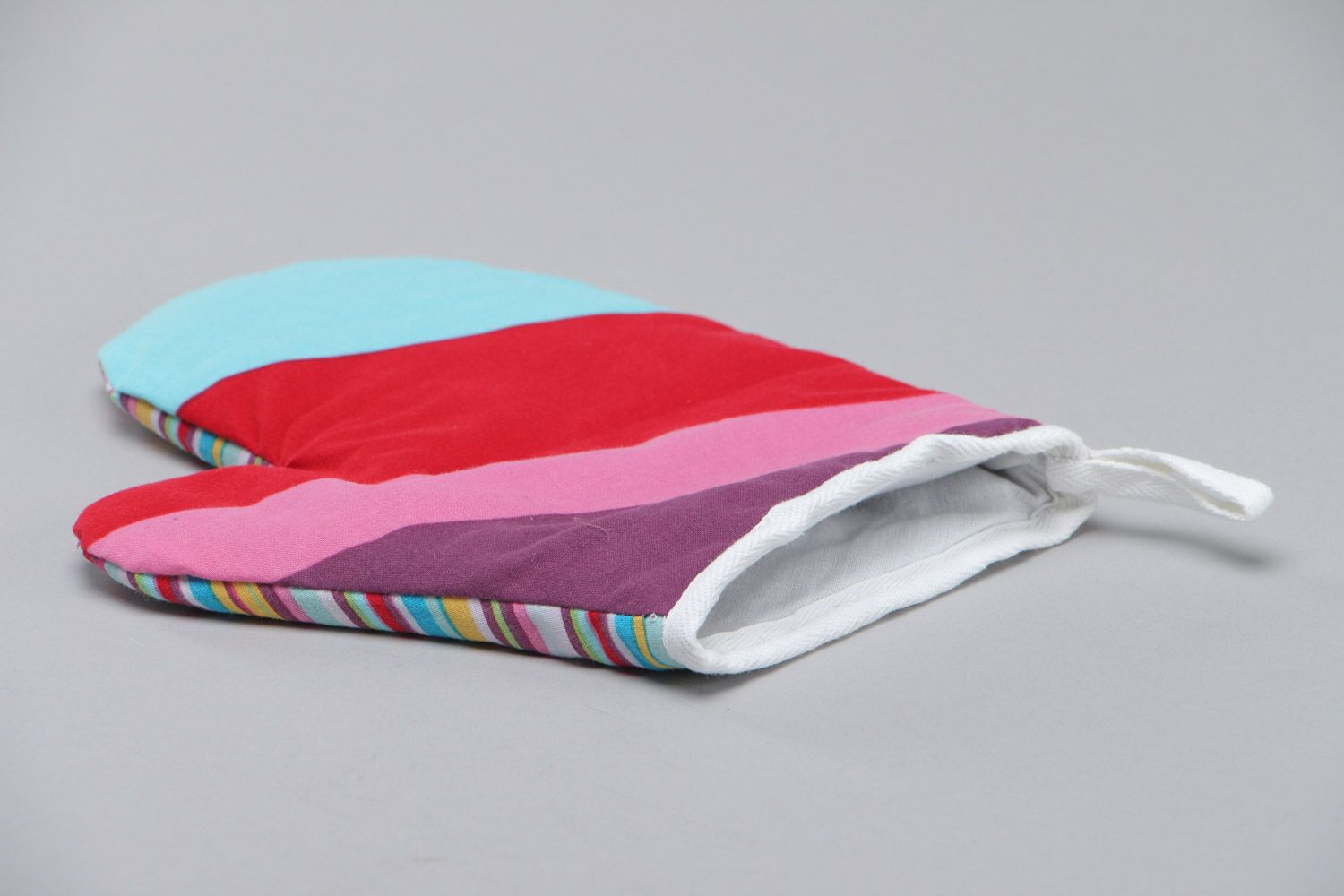 Bright striped handmade fabric oven mitt for kitchen photo 3