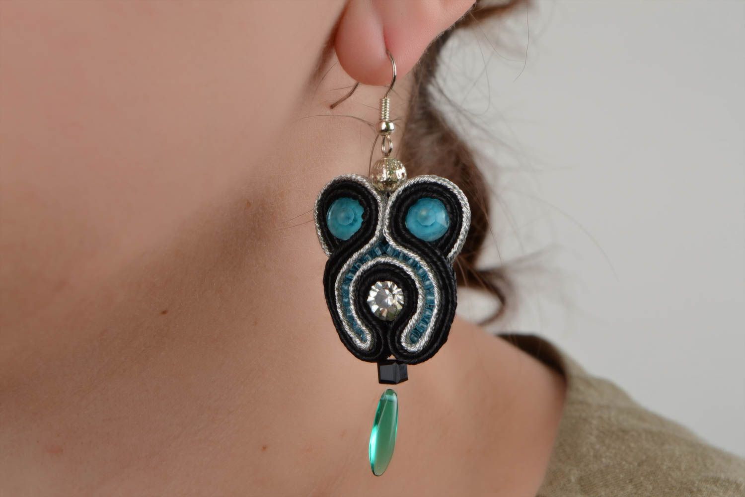 Unusual beautiful handmade designer soutache earrings with Czech crystal beads photo 2
