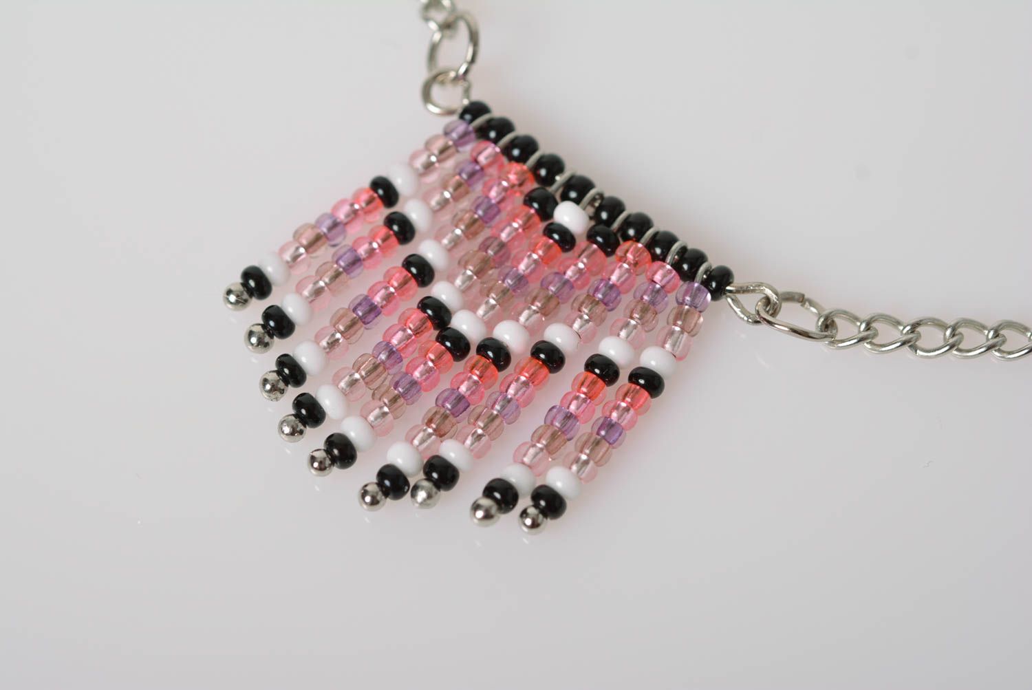 Handmade designer beaded fringe pendant necklace on metal chain violet photo 3