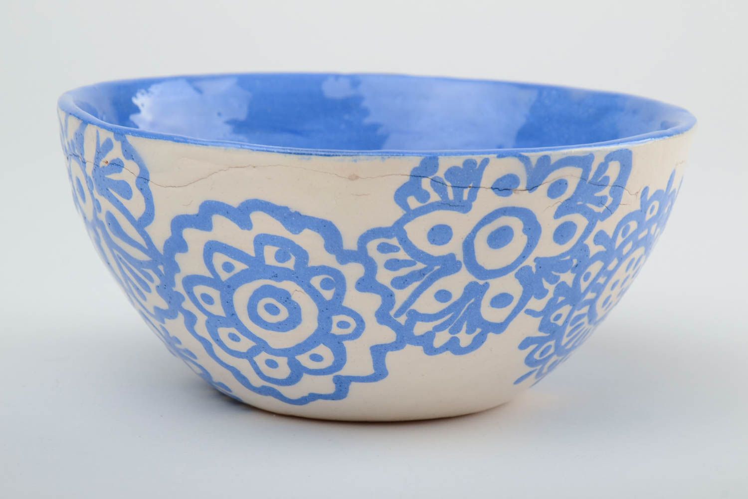 Handmade ceramic bowl painted with blue glaze 500 ml clay kitchen decor photo 3