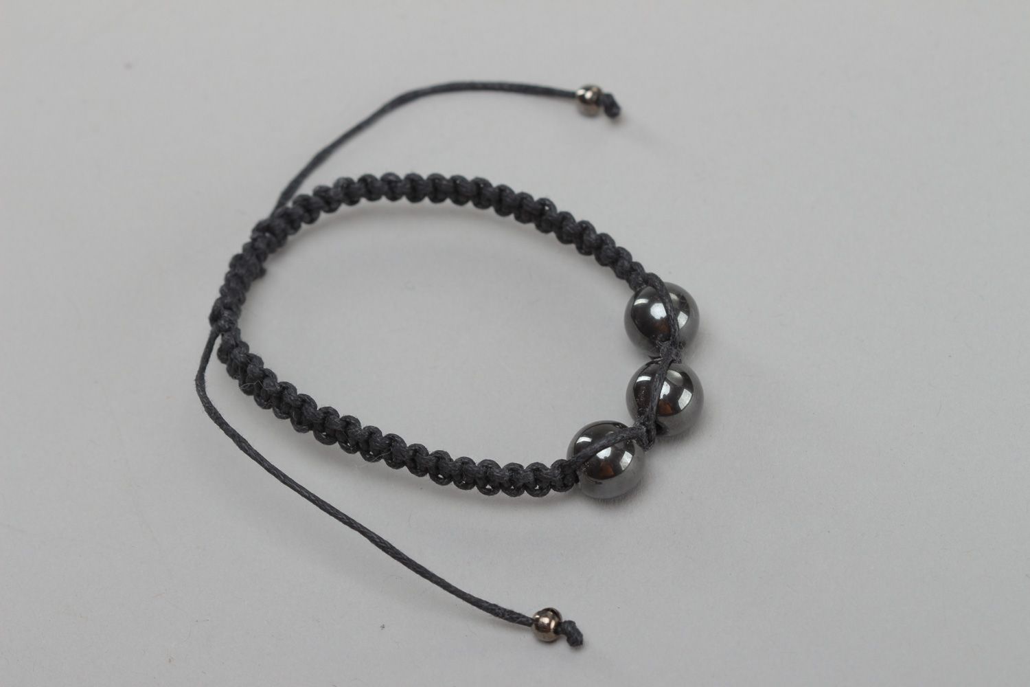 Handmade black friendship bracelet with waxed cord and hematite beads for women  photo 2