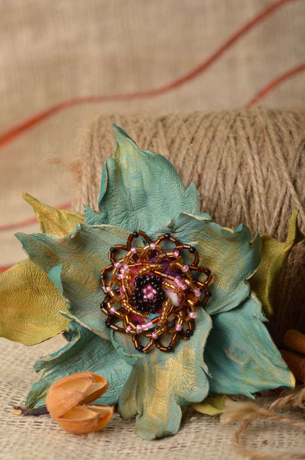 Handmade brooch hair clip with dark leather lily flower with seed beads photo 1