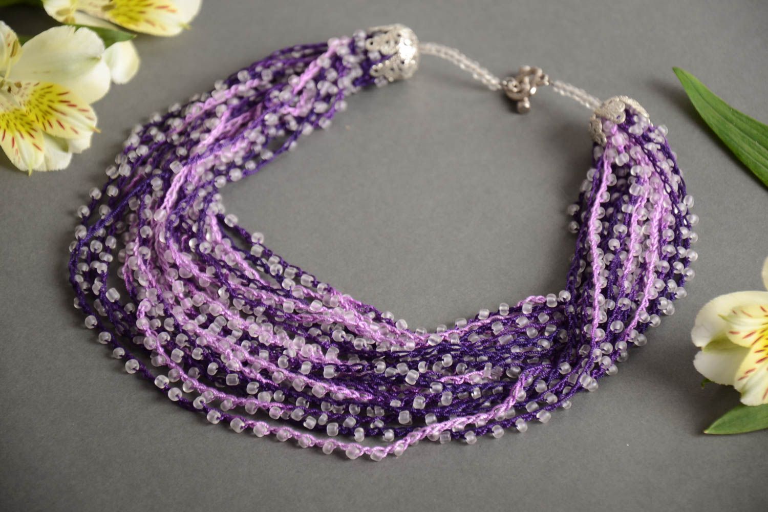 Handmade volume multi row crocheted necklace with beads in lavender color shades photo 1