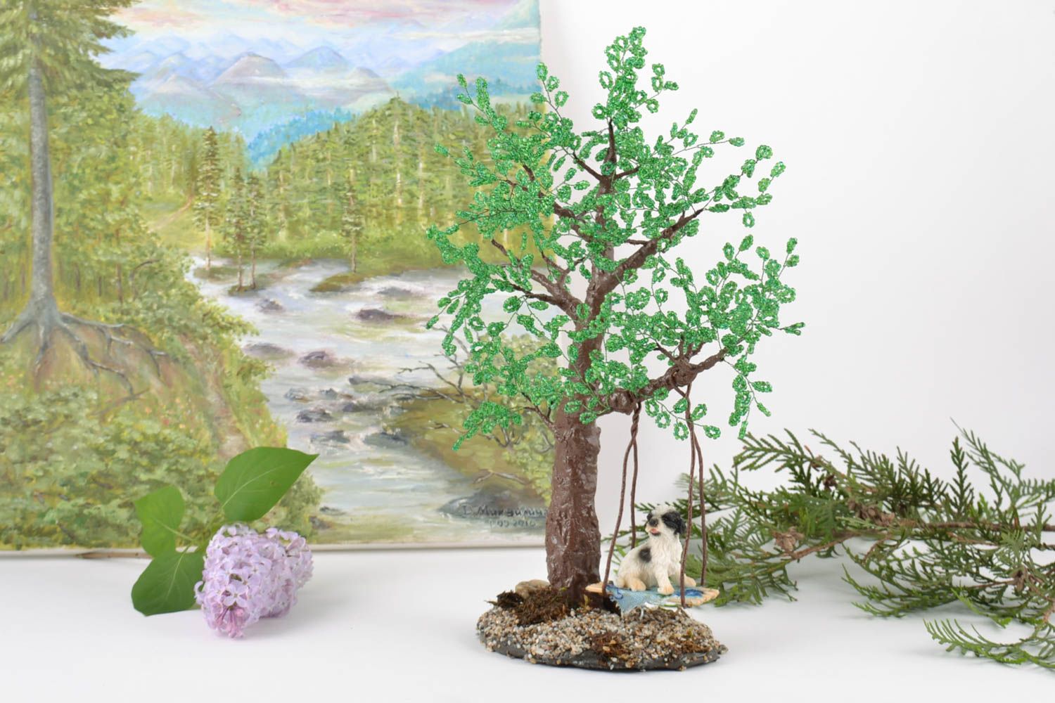 Handmade decorative small beaded bonsai tree with swing and dog figurine photo 1