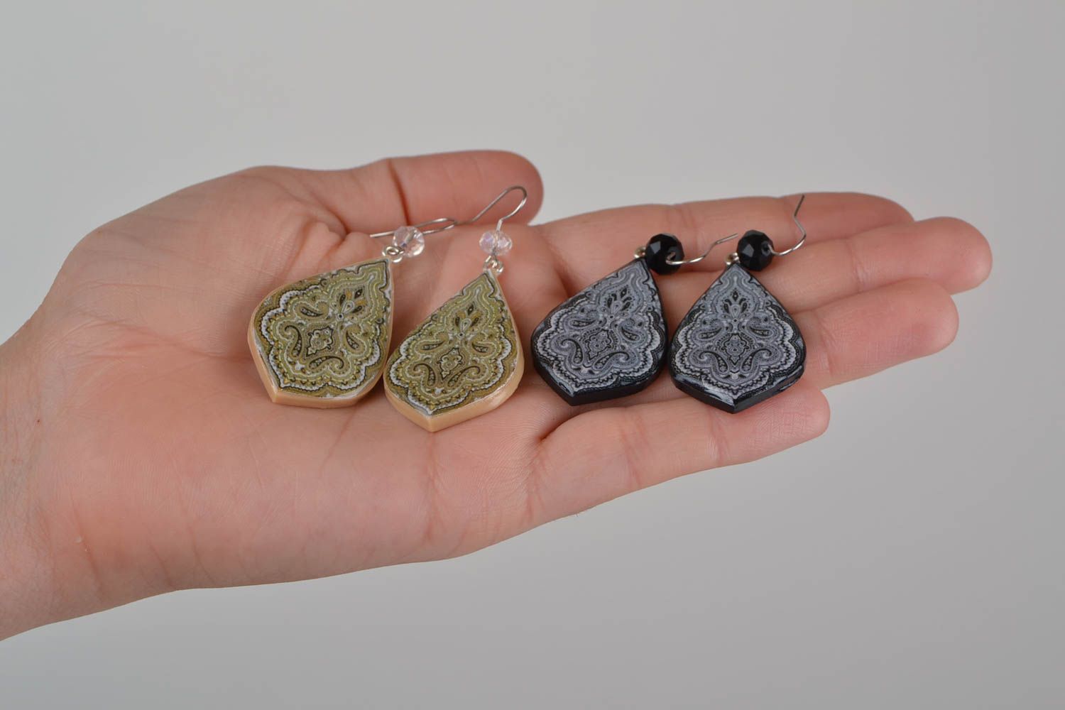 Handmade polymer clay earrings with decoupage set of 2 pairs black and beige photo 2