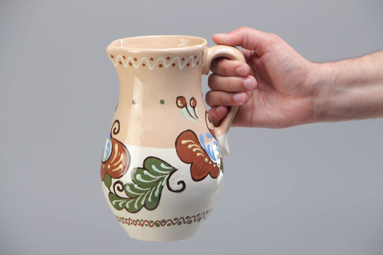 Jolie cruche céramique pour boissons diverses faite main claire peinte 1,5 litre photo 5