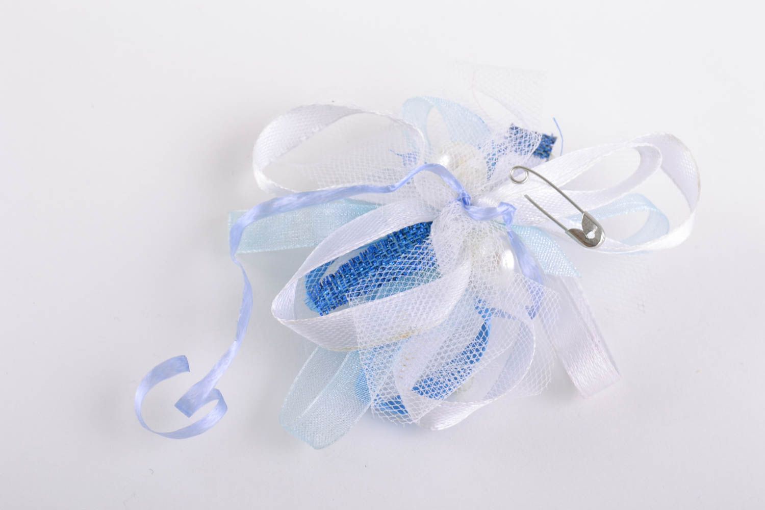 Gentle designer fabric blank for hair accessories and brooches blue and white  photo 3