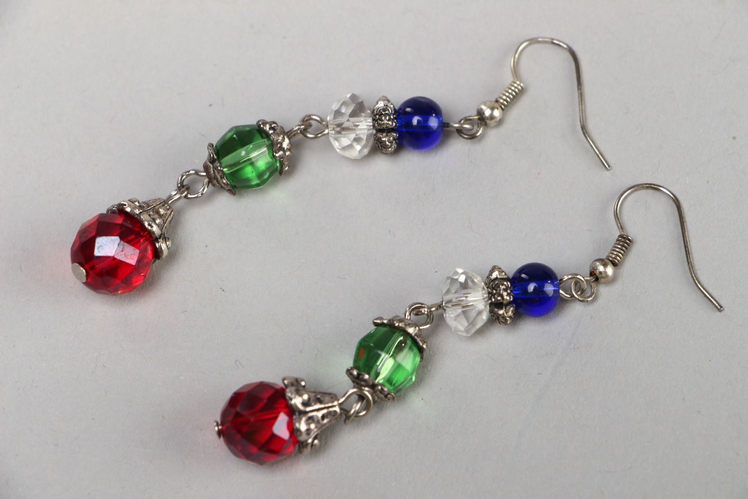 Handmade colorful long earrings with glass beads and metal fittings for ladies photo 1