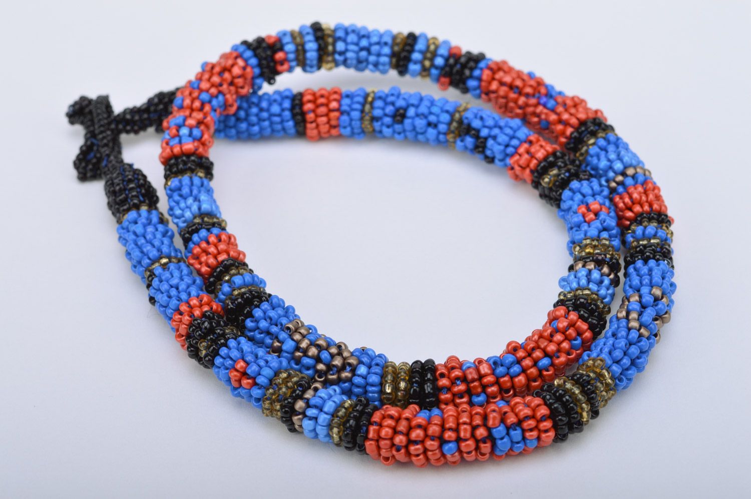 Motley long handmade woven Czech bead cord necklace in ethnic style photo 5