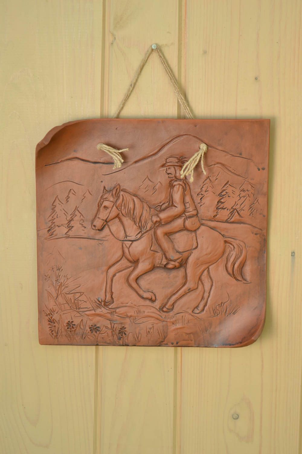 Beautiful brown handmade square clay wall panel with relief pattern photo 1
