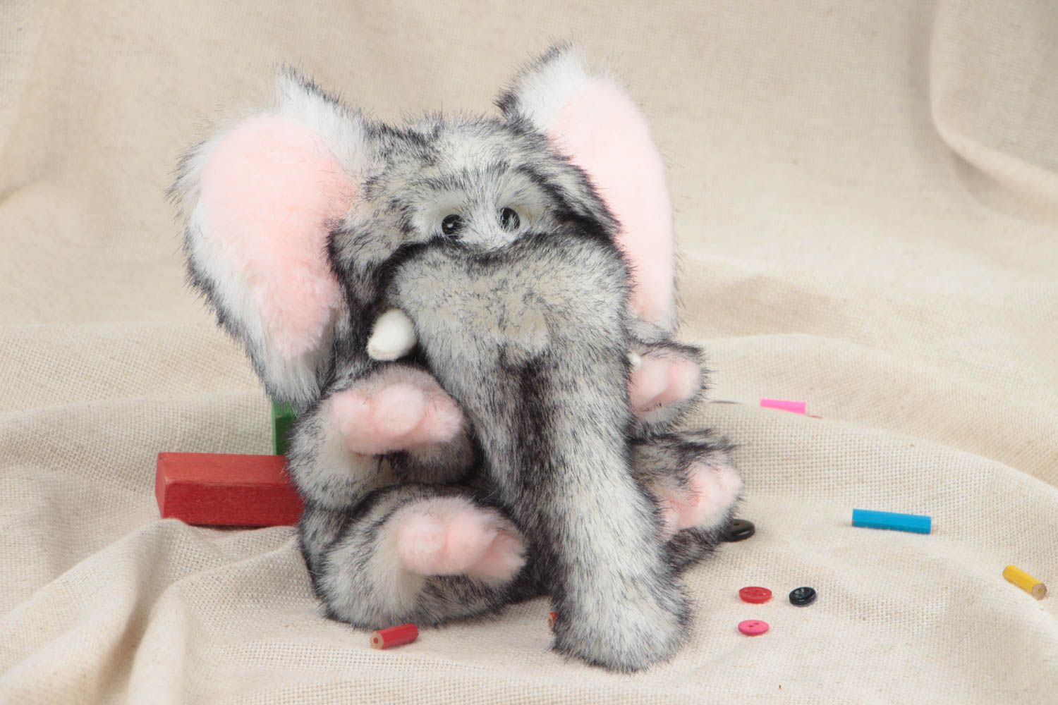 Handmade soft toy glove puppet sewn of gray and pink faux fur Elephant photo 1