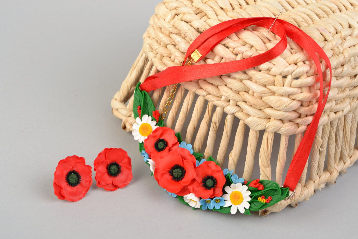Schmuck Set aus Polymerton Collier mit Atlasband und Blumen Ohrringe Handarbeit foto 5