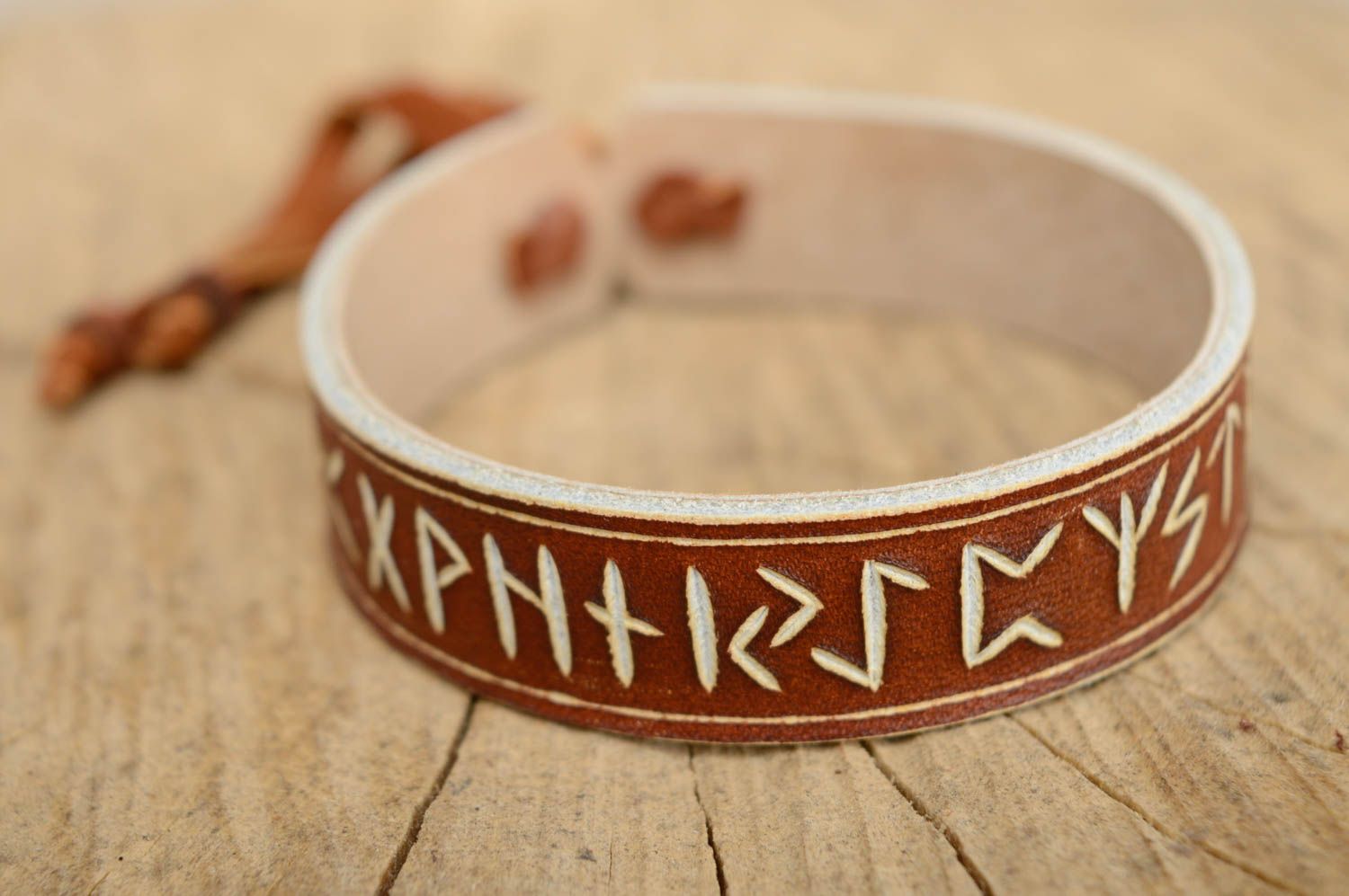 Genuine leather wrist bracelet with runes photo 1