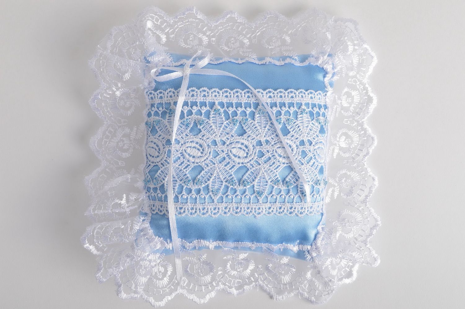 Beautiful blue handmade designer satin ring bearer pillow with lace photo 3