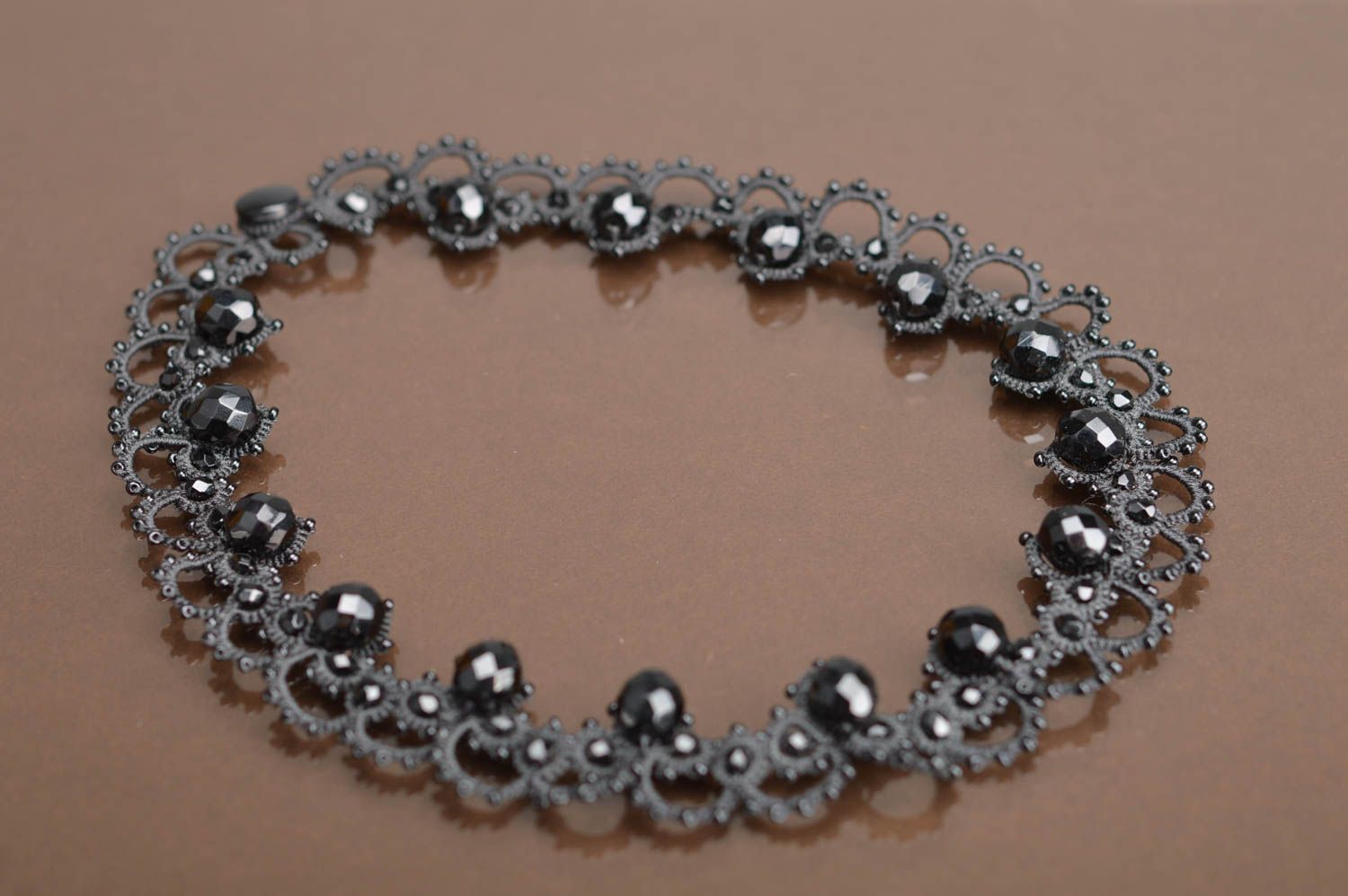 Handmade black necklace made of Czech beads and threads using tatting technique photo 2